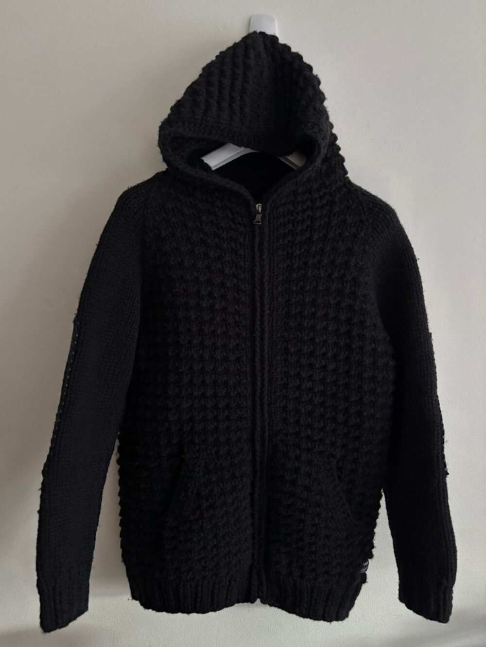 $900 Haven Pacific Parka Hooded Zip Hand Knit Black Wool Cardigan Size 1/ Small